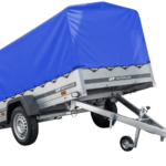 Auto Anhänger 230×125 Garden Trailer 230 KIPP Unitrailer 750 kg mit Stützrad, blauer Hochplane und Hochspriegel
