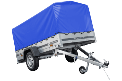 Auto Anhänger 230×125 Garden Trailer 230 KIPP Unitrailer 750 kg mit Stützrad, blauer Hochplane und Hochspriegel